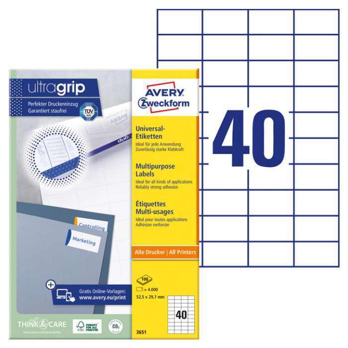 Etiket Avery 3651 52.5x29.7mm wit 4000 stuks