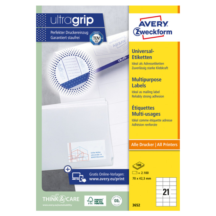 Etiket Avery 3652 70x42.3mm wit 2100 stuks