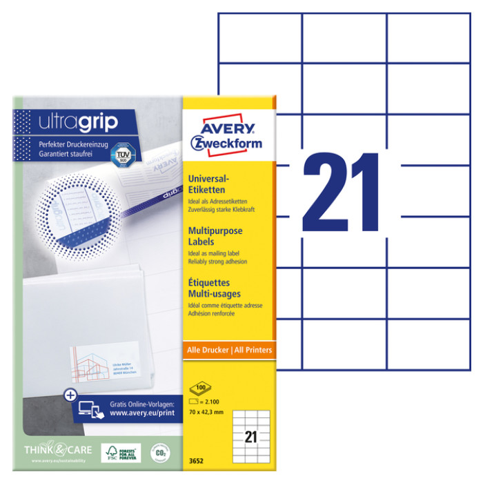Etiket Avery 3652 70x42.3mm wit 2100 stuks