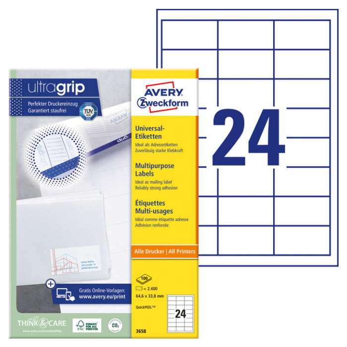 Etiket Avery 3658 64.6x33.8mm wit 2400 stuks