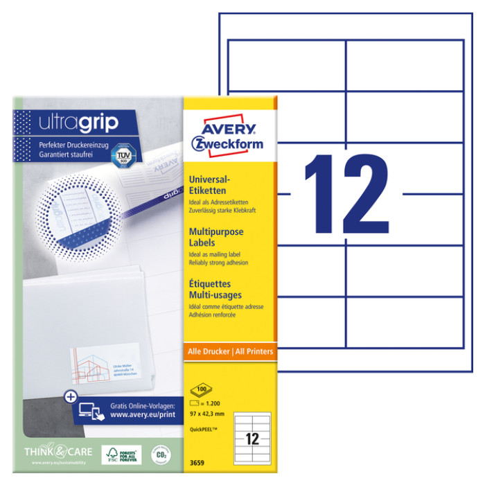 Etiket Avery 3659 97x42.3mm wit 1200 stuks