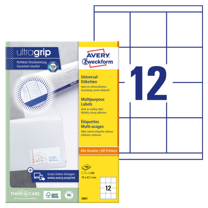 Etiket Avery 3661 70x67.7mm wit 1200 stuks