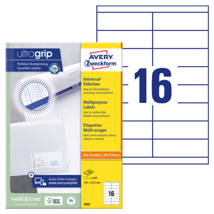 Etiket Avery 3665 105x33.8mm wit 1600 stuks