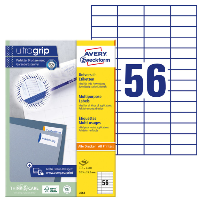 Etiket Avery 3668 52.5x21.2mm wit 5600 stuks