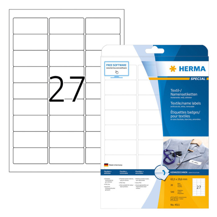 Naambadge etiket HERMA 4511 63.5x29.6mm wit 540 stuks