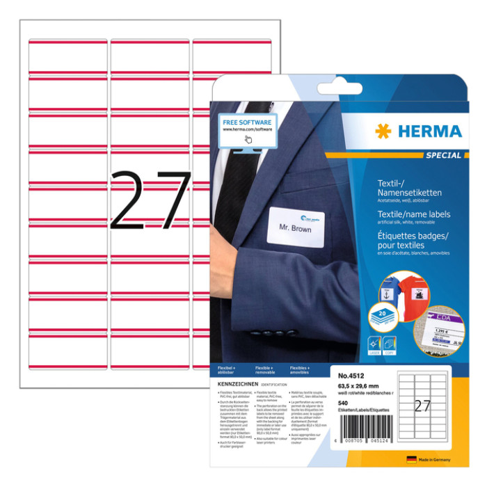 Naambadge etiket HERMA 4512 63.5x29.6mm wit/rood 540 stuks