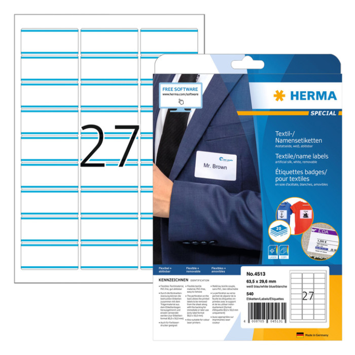 Naambadge etiket HERMA 4513 63.5x29.6mm wit/blauw 540 stuks