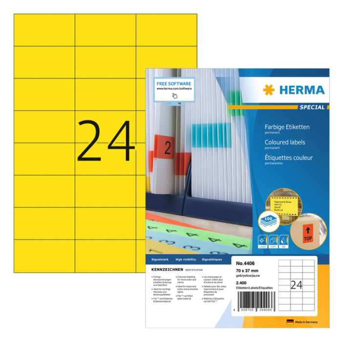 Etiket HERMA 4406 70x37mm geel 2400 stuks