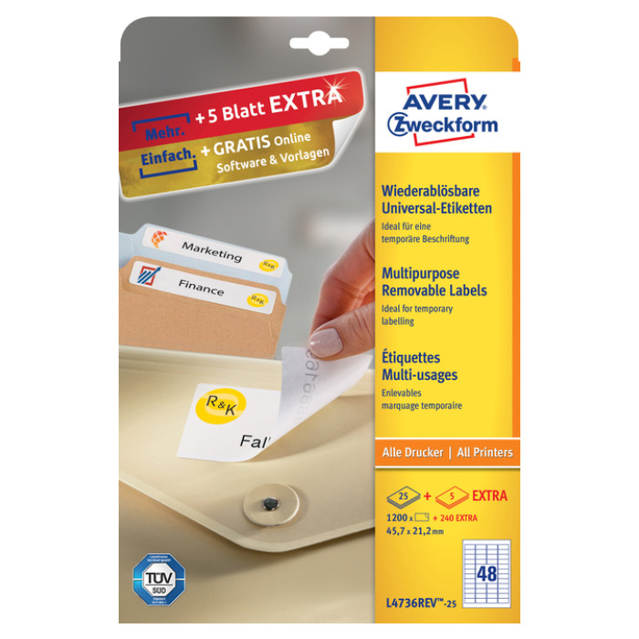 Etiket Avery L4736REV-25 45.7x21.2mm wit 1200 stuks
