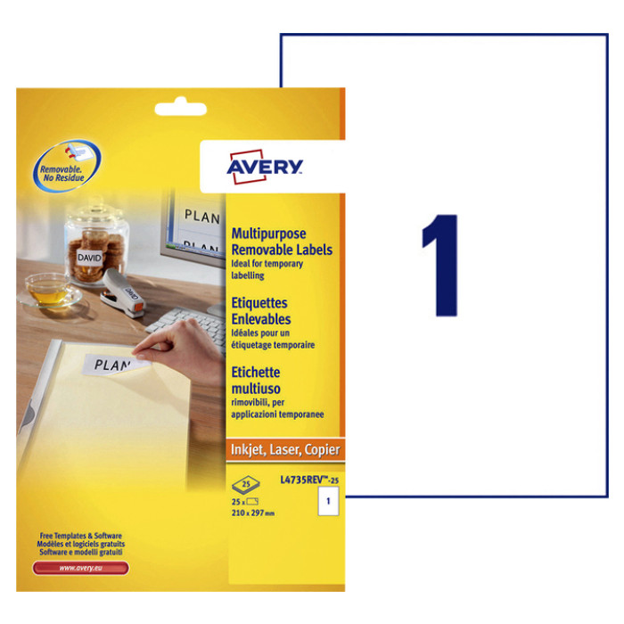 Etiket Avery L4735REV-25 210x297mm A4 wit 25 stuks