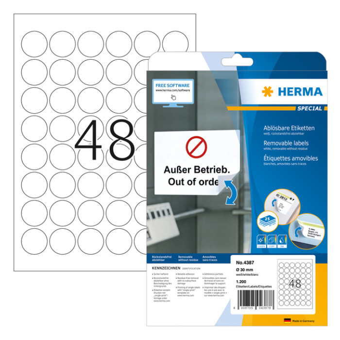 Etiket HERMA 4387 30mm verwijderbaar wit 1200 stuks