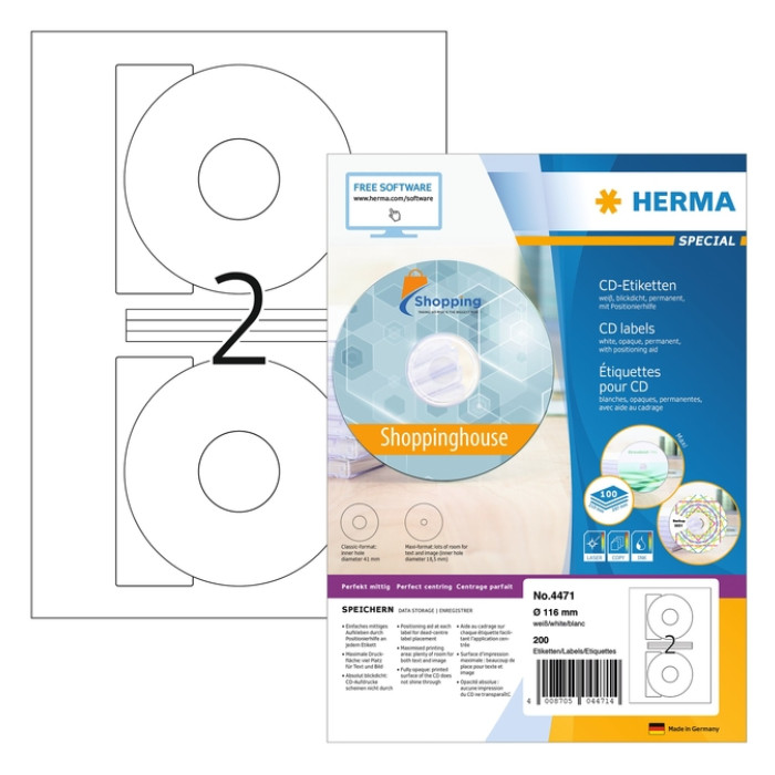 Etiket HERMA 4471 CD 116mm wit opaqua 200 stuks
