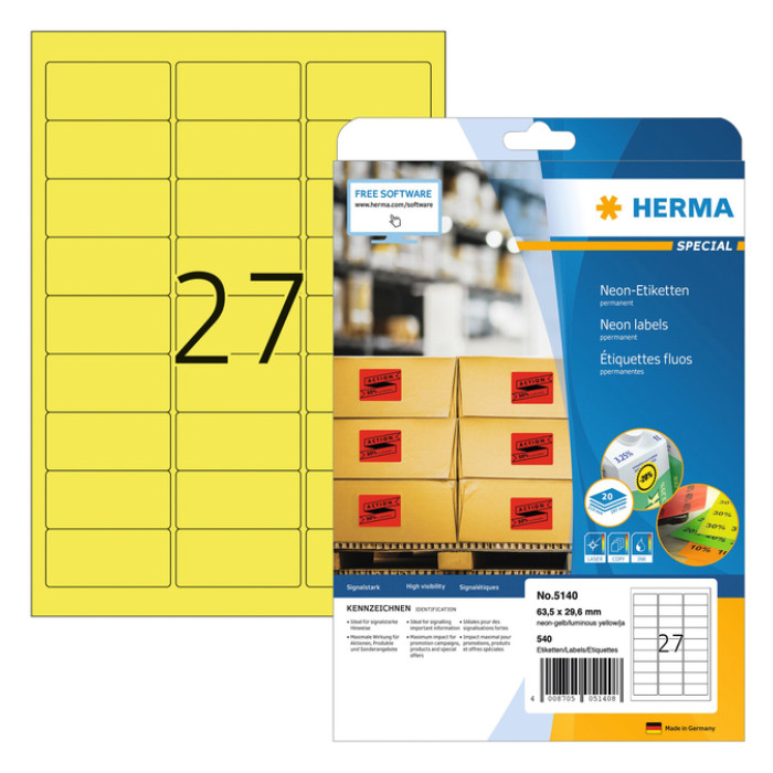 Etiket HERMA 5140 63.5x29.6mm neon geel 540 stuks