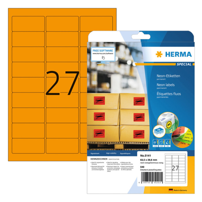 Etiket HERMA 5141 63.5x29.6mm neon oranje 540 stuks