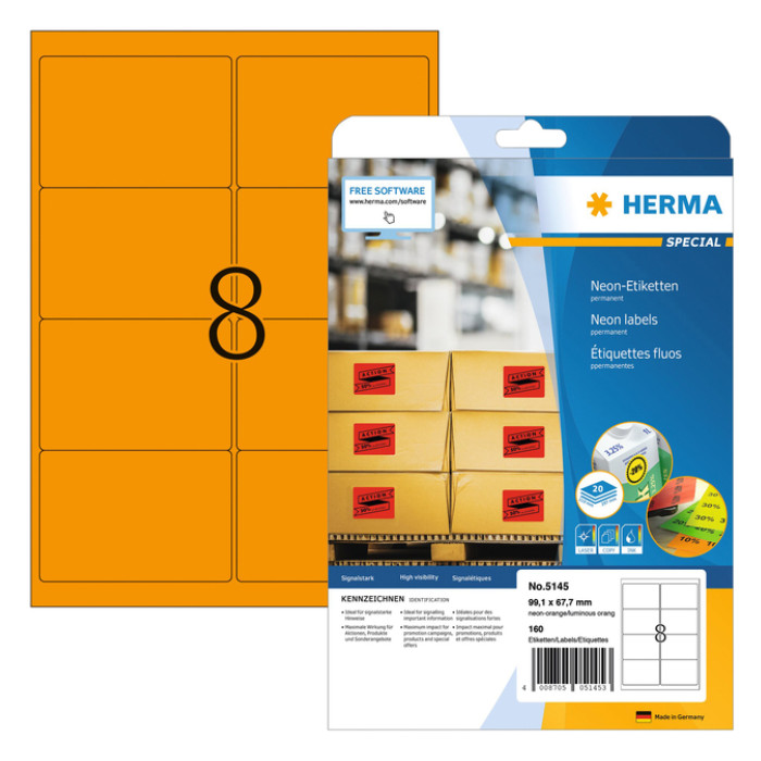 Etiket HERMA 5145 99.1x67.7mm fluor oranje 160 stuks