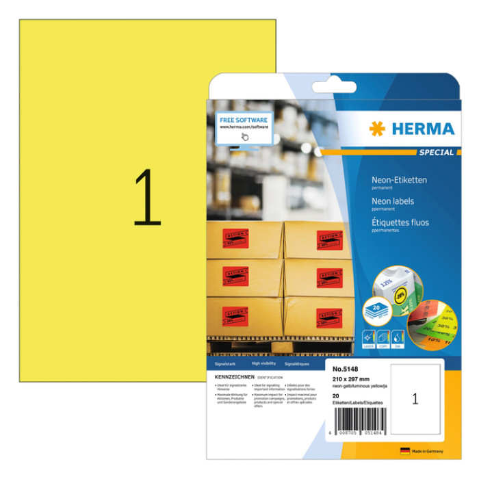 Etiket HERMA 5148 210x297mm A4 fluor geel 20 stuks