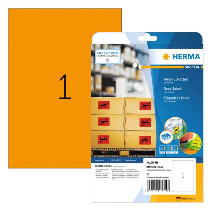 Etiket HERMA 5149 210x297mm A4 fluor oranje 20 stuks