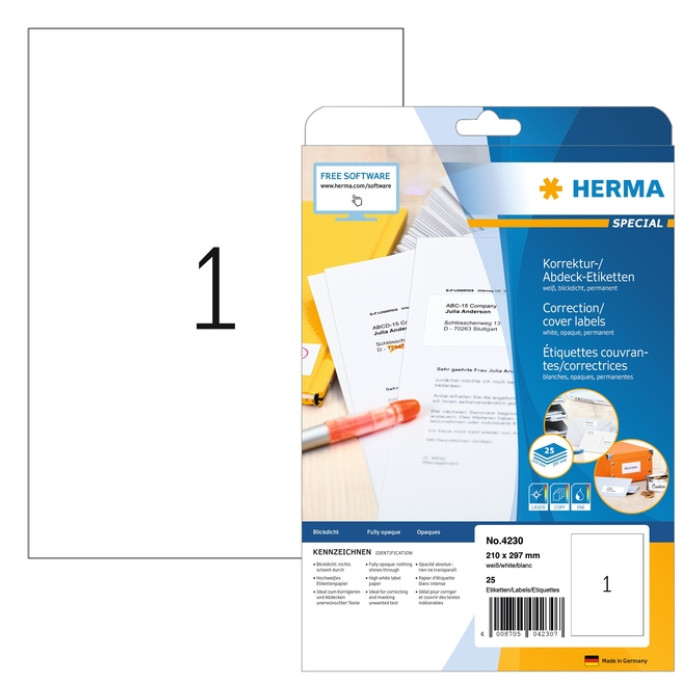 Etiket HERMA 4230 210x297mm A4 correctie wit 25 stuks