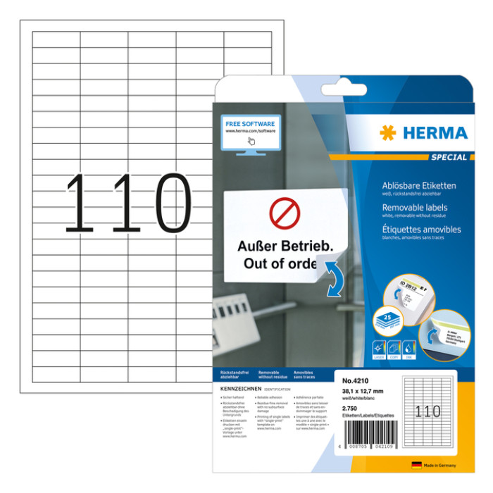 Etiket HERMA 4210 38.1x12.7mm verwijderbaar wit 2750 stuks
