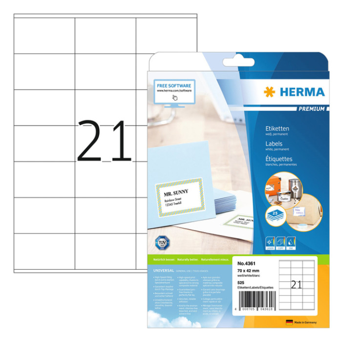 Etiket HERMA 4361 70x42mm premium wit 525 stuks
