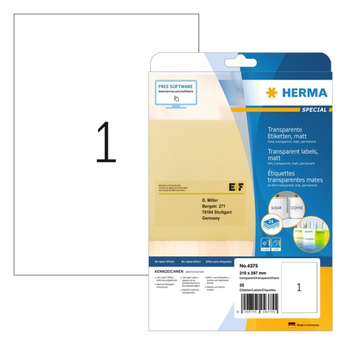 Etiket HERMA 4375 210x297mm A4 transparant 25 stuks