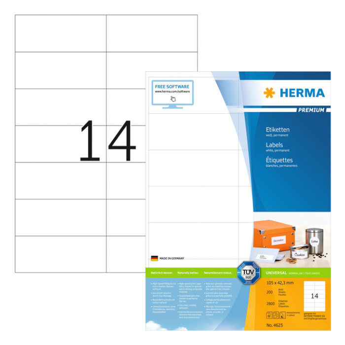 Etiket HERMA 4625 105x42.3mm premium wit 2800 stuks