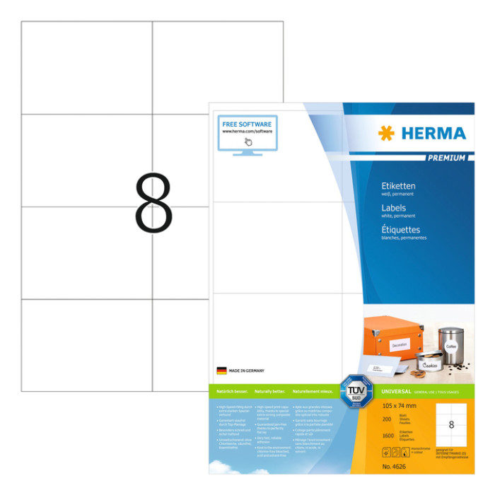 Etiket HERMA 4626 105x74mm premium wit 1600 stuks