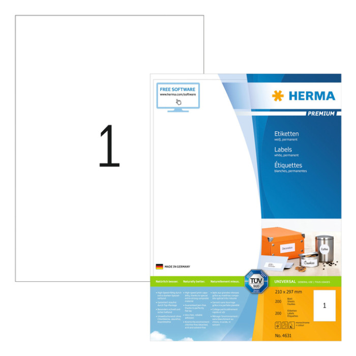 Etiket HERMA 4631 210x297mm A4 premium wit 200 stuks