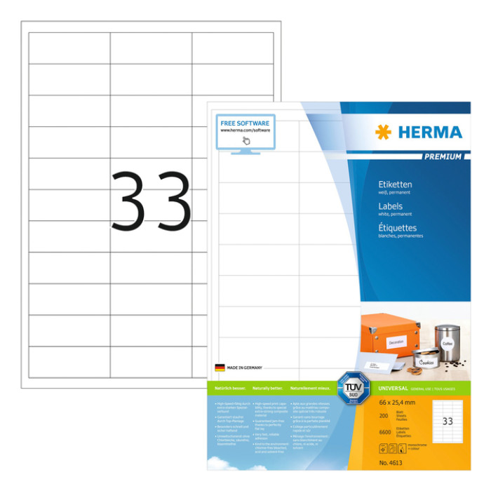 Etiket HERMA 4613 66x25.4mm premium wit 6600 stuks