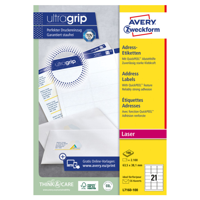 Etiket Avery L7160-100 63.5x38.1mm wit 2100 stuks