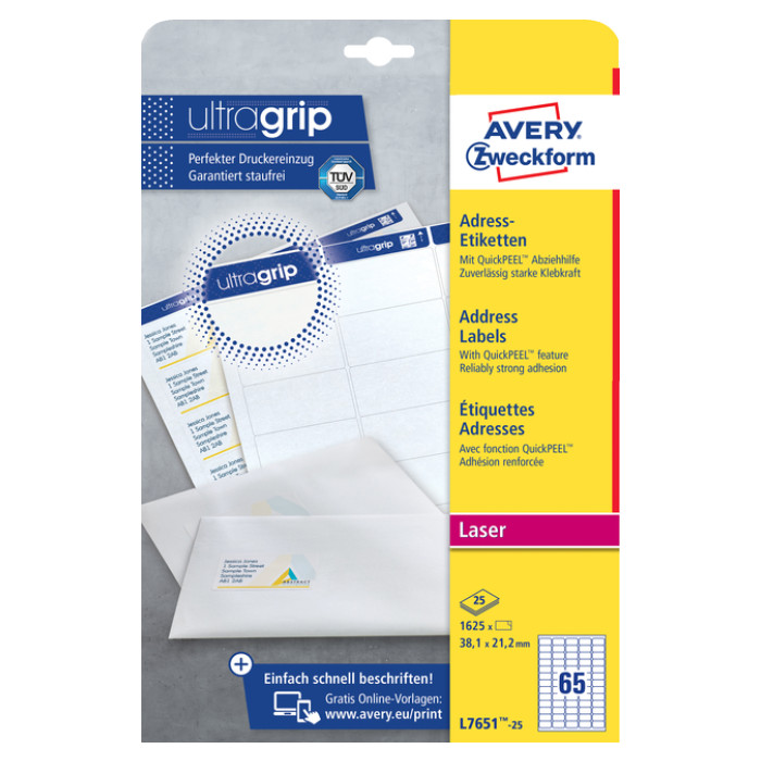 Etiket Avery L7651-25 38.1x21.2mm wit 1625 stuks