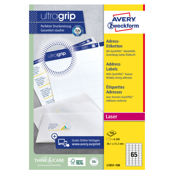Etiket Avery L7651-100 38.1x21.2mm wit 6500 stuks