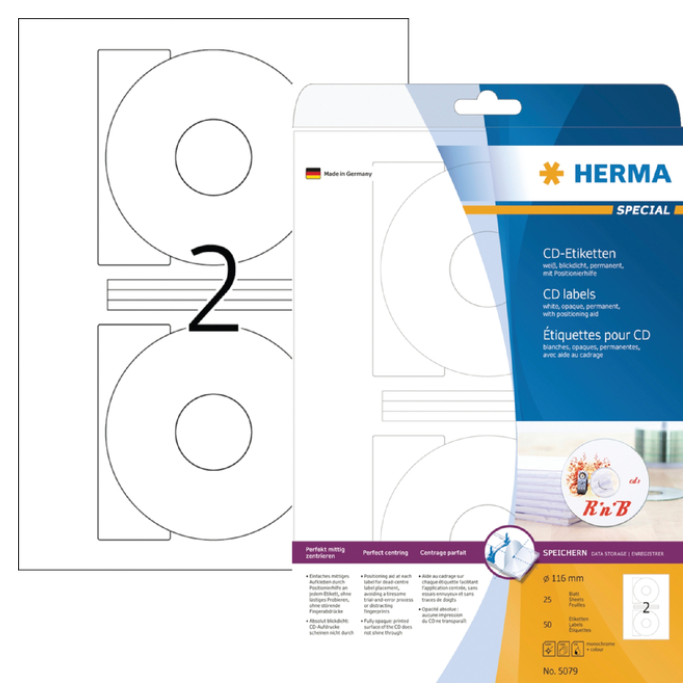 Etiket HERMA 5079 CD 116mm wit opaqua 50 stuks