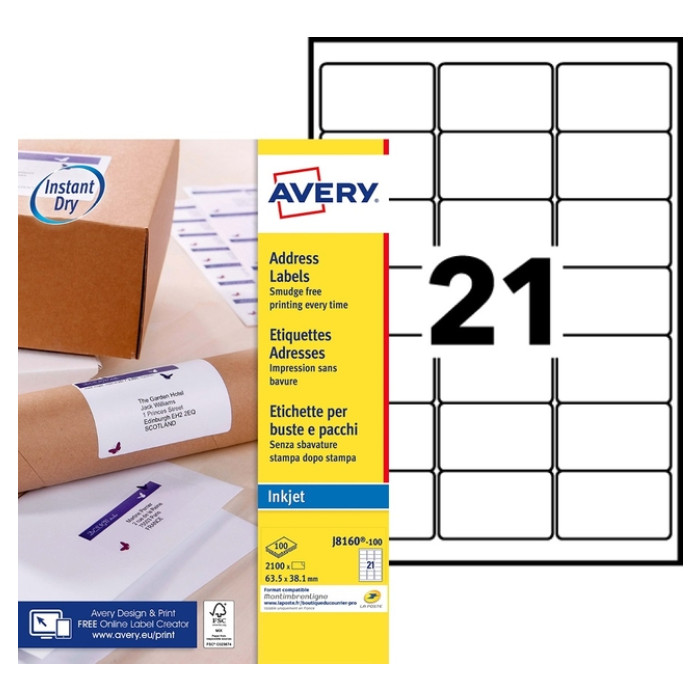 Etiket Avery J8160-100 63.5x38.1mm wit 2100 stuks