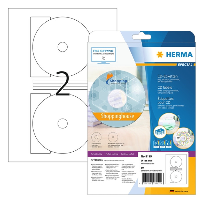 Etiket HERMA 5115 CD 116mm wit 50  stuks