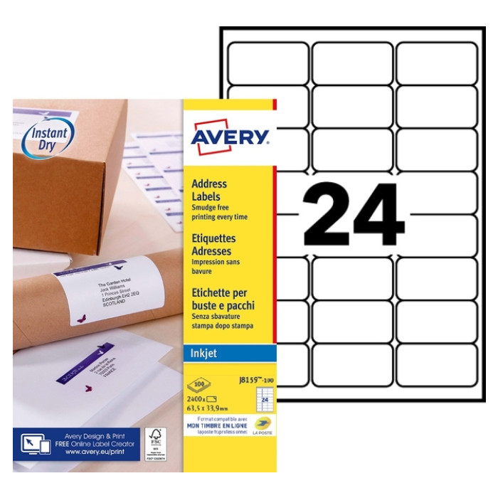 Etiket Avery J8159-100 63.5x33.9mm wit 2400 stuks