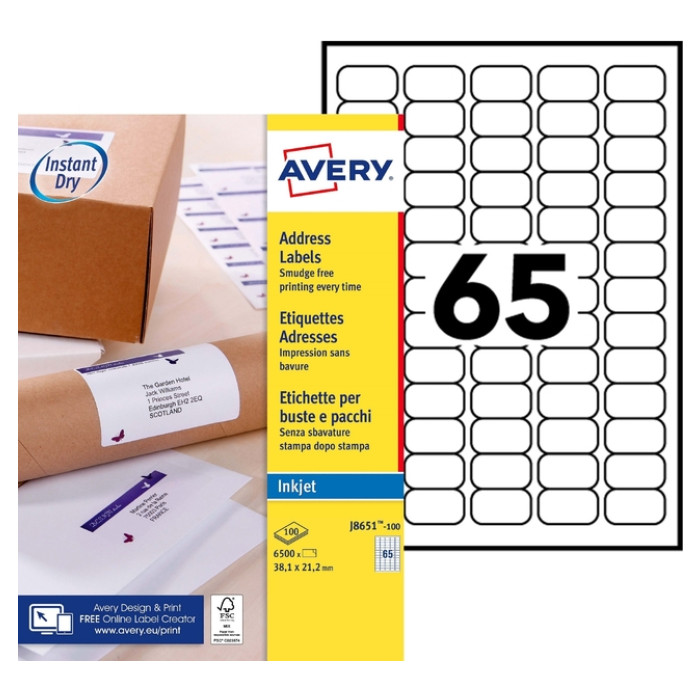 Etiket Avery J8651-100 38.1x21.2mm wit 6500 stuks