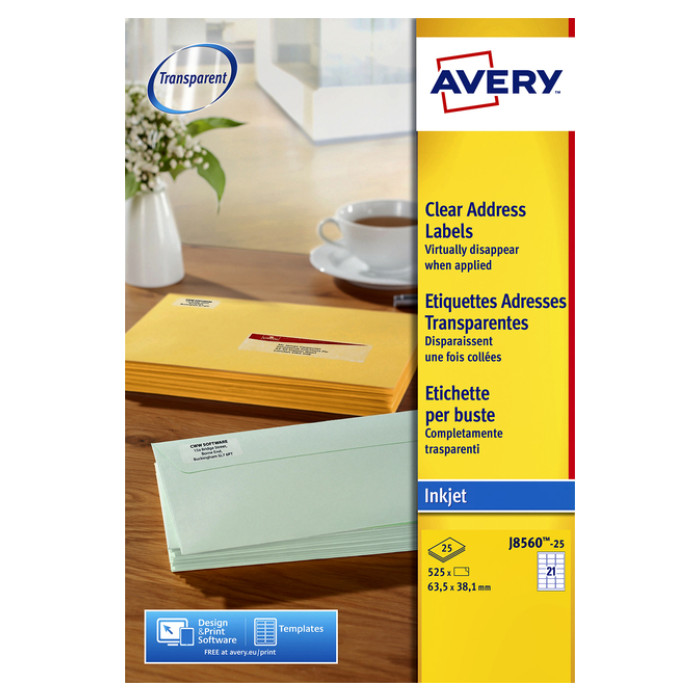 Etiket Avery J8560-25 63.5x38.1mm transparant 525 stuks