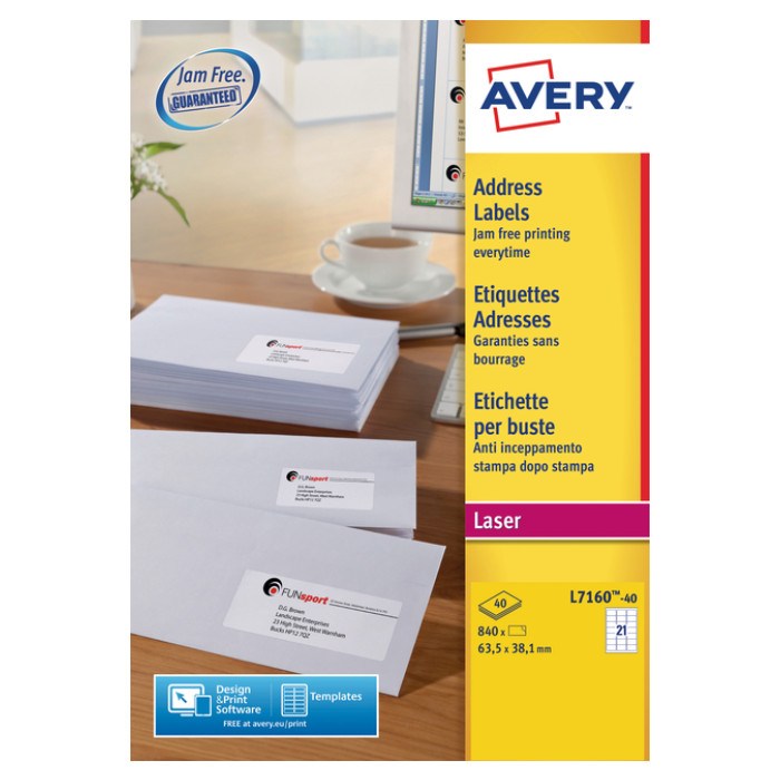 Etiket Avery L7160-40 63.5x38.1mm wit 840 stuks