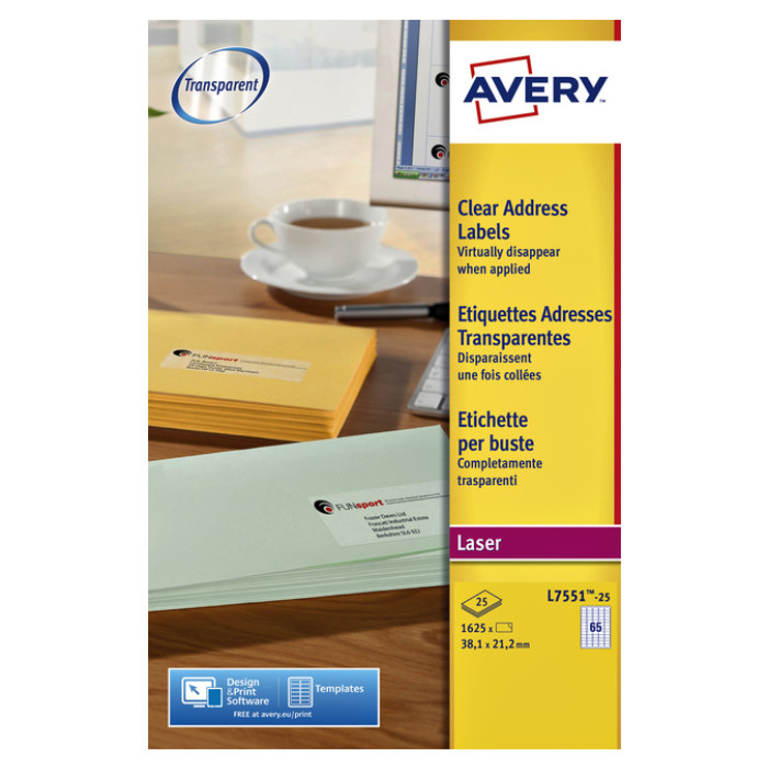 Etiket Avery L7551-25 38.1x21.1mm transparant 1625 stuks