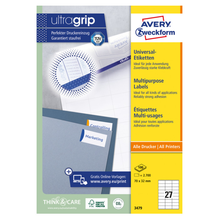 Etiket Avery 3479 70x32mm wit 2700 stuks