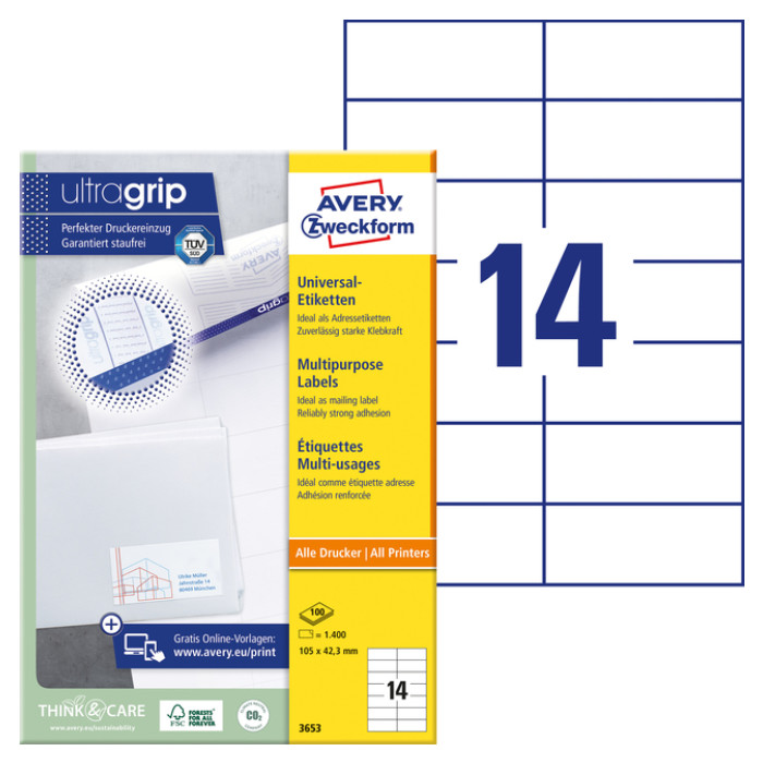 Etiket Avery 3653 105x42.3Mm wit 1400 stuks