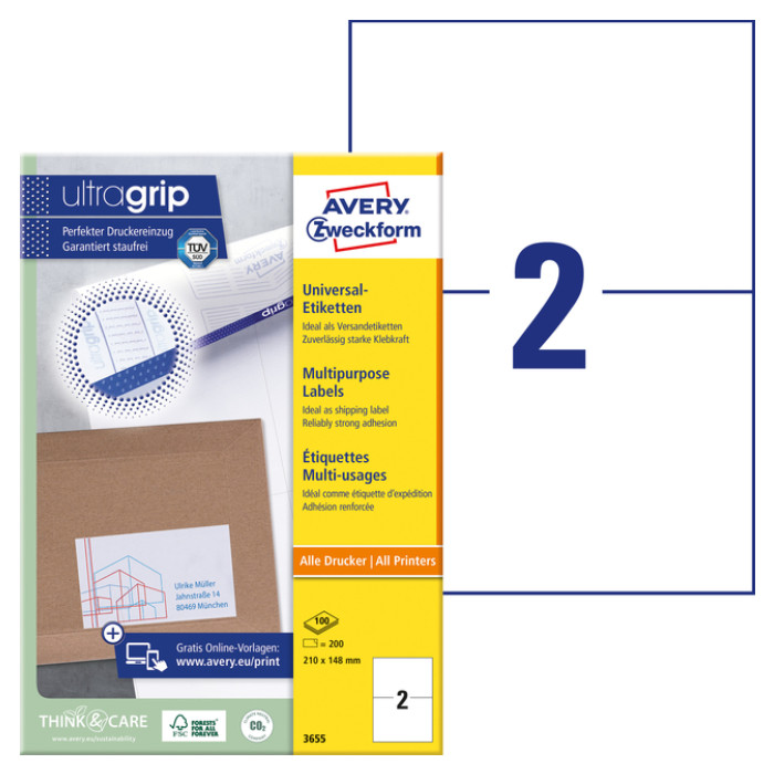 Etiket Avery 3655 210x148mm A5 wit 200 stuks