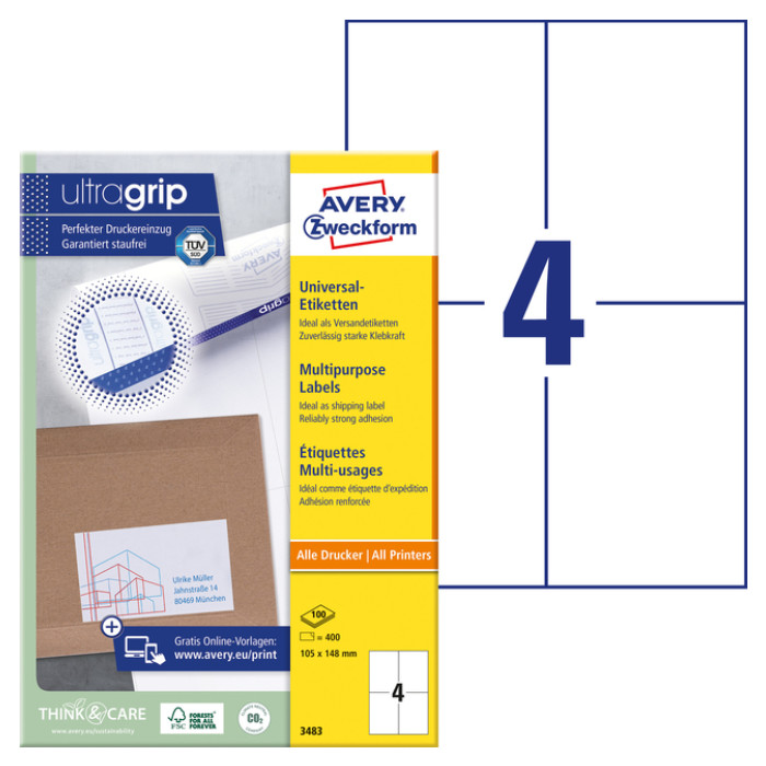 Etiket Avery 3483 105x148mm A6 wit 400 stuks