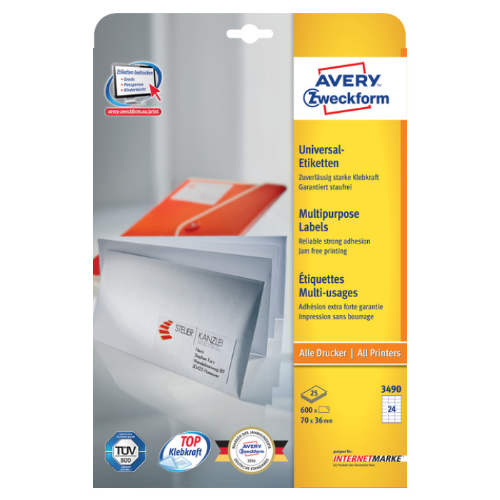 Etiket Avery 3490 70x36mm wit 600 stuks