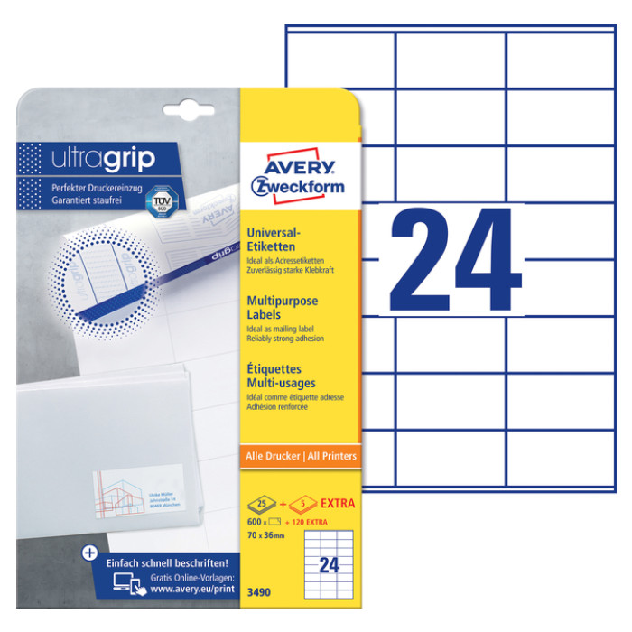 Etiket Avery 3490 70x36mm wit 600 stuks