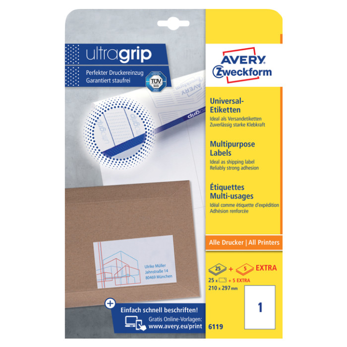 Etiket Avery 6119 210x297mm A4 wit 25 stuks