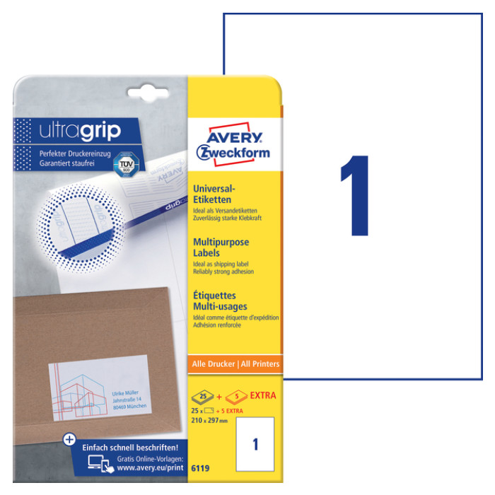 Etiket Avery 6119 210x297mm A4 wit 25 stuks