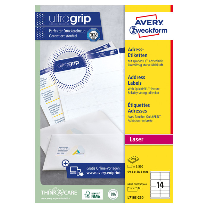 Etiket Avery L7163-250 99.1x38.1mm wit 3500 stuks
