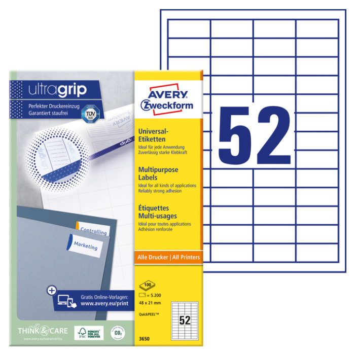 Etiket Avery 3650 48x21mm wit 5200 stuks